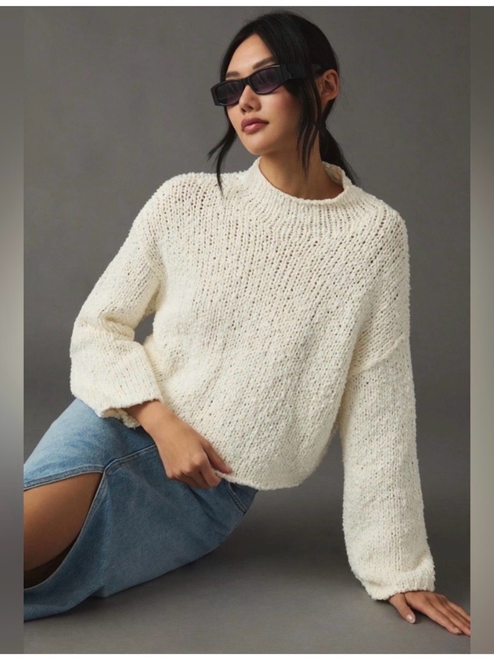 Anthropologie Cream Ribbed Mock Neck Slouchy Sweater - Size S